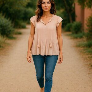 Valerie Stevens Women's Large Blouse Pink Flutter Sleeves V-Neck Faux Drawstring